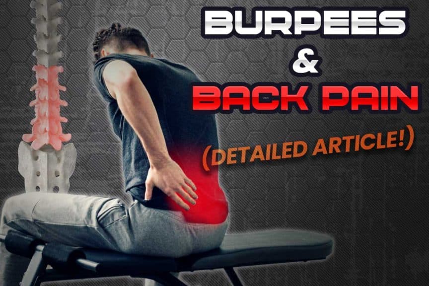 Man sitting on a workout bench experiencing lower back pain after performing burpee exercises