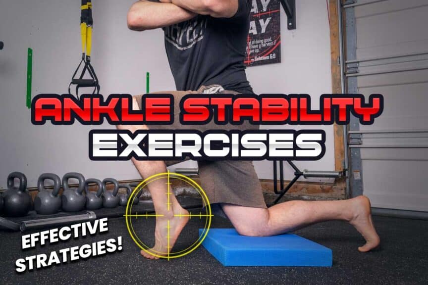 Performing a half kneeling dynamic ankle stability exercise in a gym