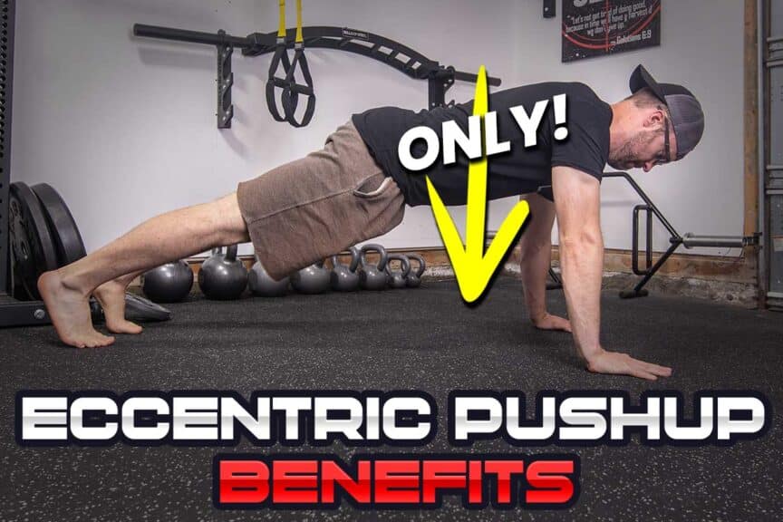 Performing the eccentric push-up in a garage gym.